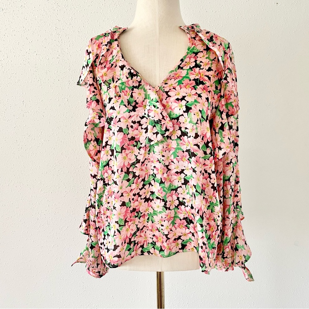 ZARA Women's Size Medium Pink Floral Long Sleeve V-Neck Ruffle Loose Blouse Top - Picture 3 of 11